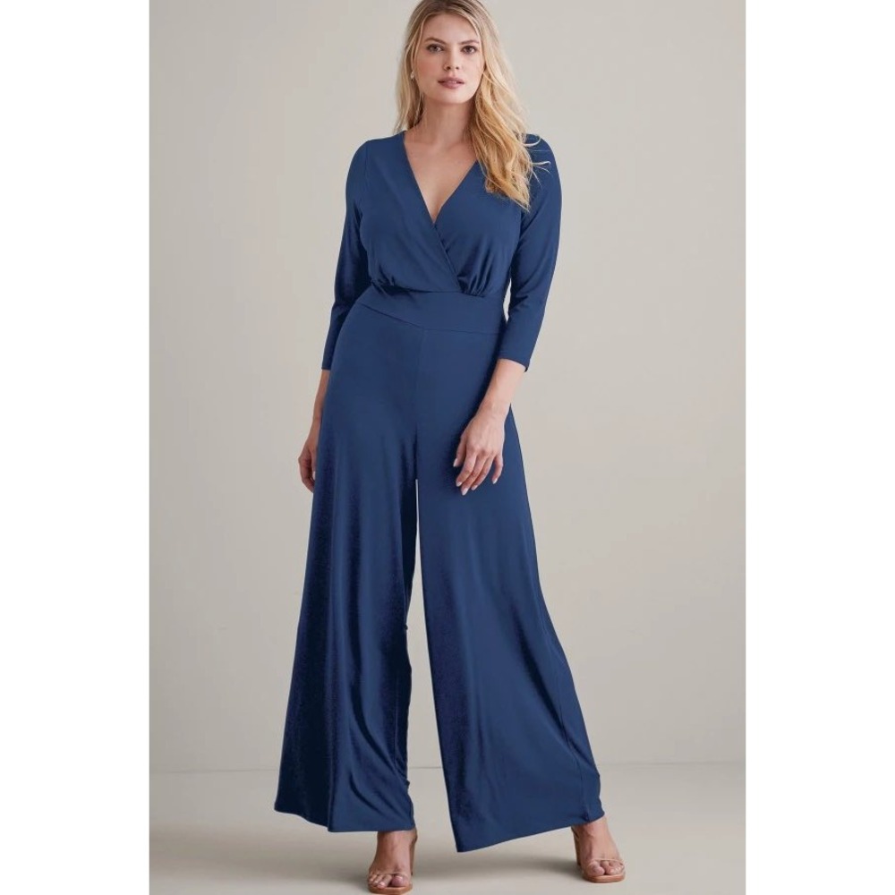 Soft Surroundings Penelope 3/4 Sleeve Jumpsuit Wide Leg Size Large Navy